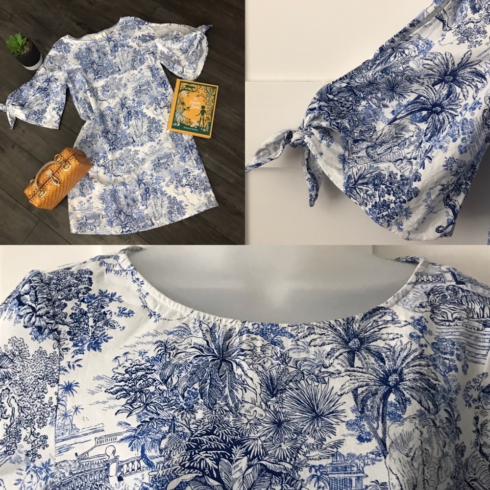 Toile Linen Dress With Tied Bell Sleeve